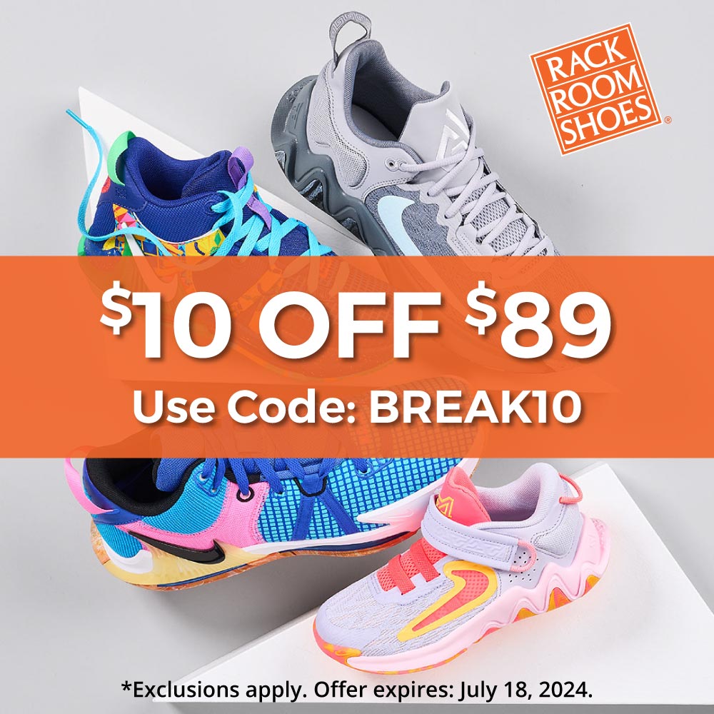 Rack Room Shoes - June 1st - July 18th - 2024 Rack Room Shoes Summer Coupon - $10 off $89 - with code: BREAK10. Exclusions Apply